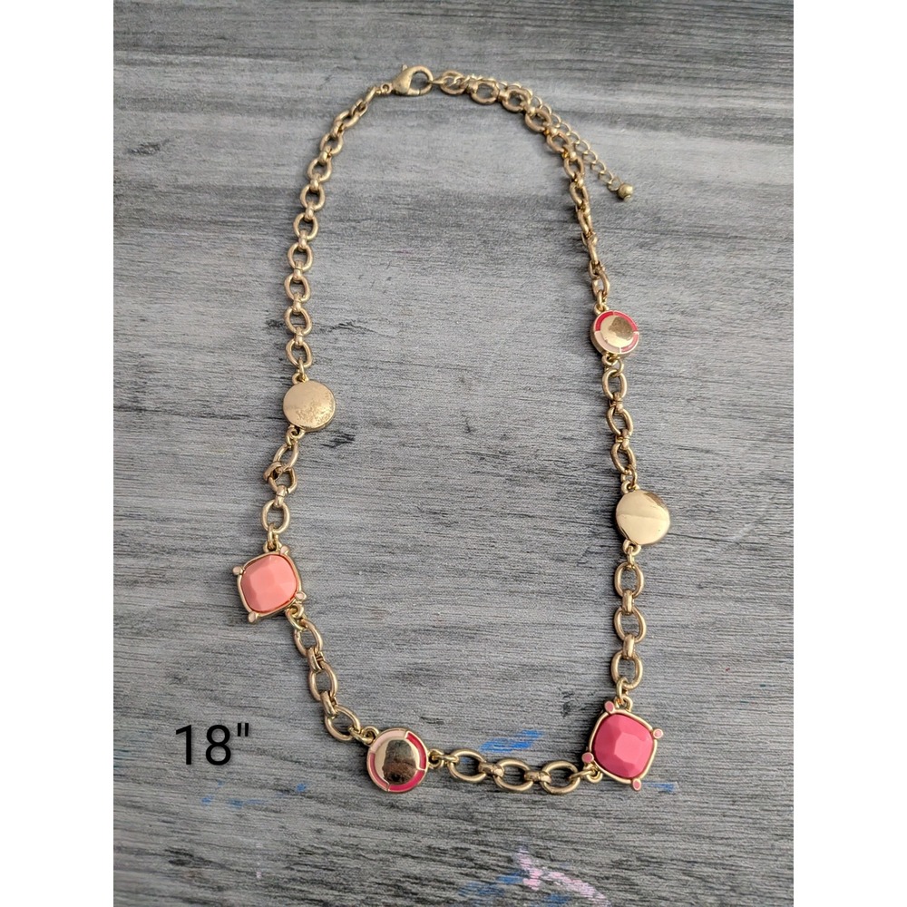 Gold Tone Pink Coral Geometric Station Link Chain Necklace 18 Inch
